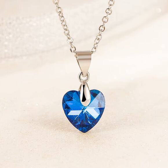 925 Sterling Silver Blue Crystal Heart Necklace & Earring Set Elegant Wedding - Picture 3 of 5